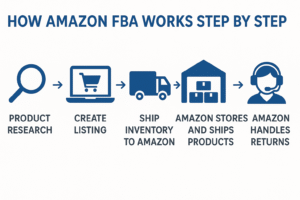 Horizontal infographic showing key criteria for selecting profitable Amazon FBA products in 2025.