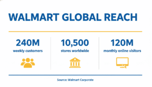 Infographic highlighting Walmart’s customer reach, store count, and online traffic for the Walmart Affiliate Program in 2025.