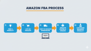 Step-by-step guide infographic showing how Amazon FBA works for beginners in 2025.