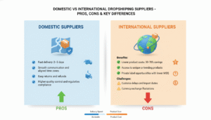 Comparison of domestic vs international dropshipping suppliers highlighting delivery, costs, and quality