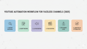 YouTube automation workflow 2025 showing step-by-step content creation for faceless channels