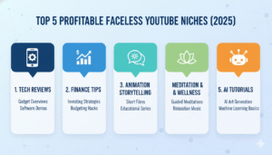 Top 5 profitable faceless YouTube channel niches 2025 with icons and clear labels