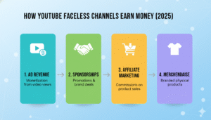 How faceless YouTube channels earn money in 2025 including ads, sponsorships, and affiliate marketing