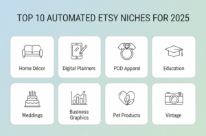 Top 10 automated Etsy niches for 2025 including home décor, digital planners, print-on-demand apparel, jewelry, educational products, wedding templates, business graphics, wellness trackers, pet accessories, and vintage collections