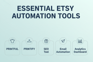Simple infographic showing essential Etsy automation tools including print-on-demand services, SEO optimization, email marketing, and analytics dashboards
