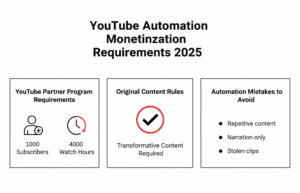 Horizontal infographic explaining YouTube automation monetization requirements for 2025 with subscriber goals, watch-hour criteria, and original content rules.