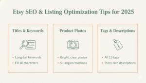 Etsy SEO and listing optimization tips for 2025, including product titles, keywords, photos, tags, and descriptions for higher sales and better ranking.