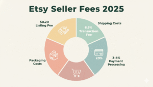 Etsy seller fees and cost breakdown 2025, showing $0.20 listing fee, 6.5% transaction fee, 3-4% payment processing, packaging, and shipping costs