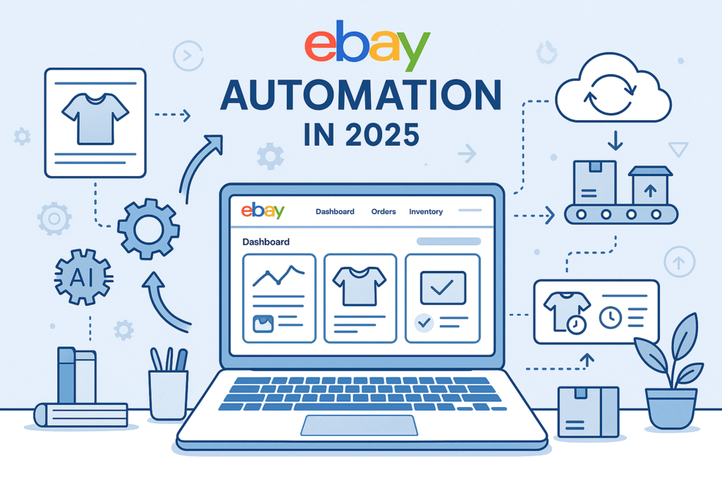Header infographic showing eBay automation system in 2025 with AI tools, automated workflows, and e-commerce dashboard visuals.