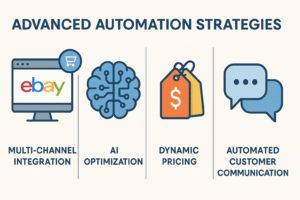Infographic showing advanced eBay automation strategies including AI optimization, multichannel integration, dynamic pricing, and automated customer communication.