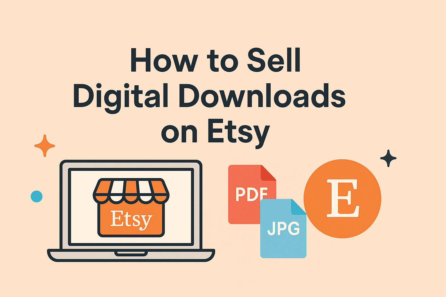 Header infographic showing laptop and Etsy icons for how to sell digital downloads on Etsy