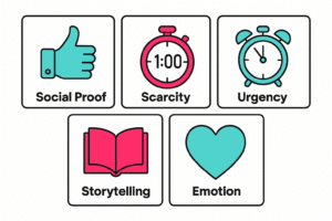Five key marketing principles for TikTok Shop: social proof, scarcity, urgency, storytelling, and emotion, each with a symbolic icon.