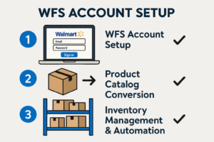 Walmart Fulfillment Services (WFS) account setup steps: WFS account setup, product catalog conversion, and inventory management automation.