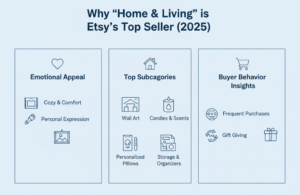 Infographic highlighting why Home and Living is the best selling Etsy category in 2025 with icons for candles, pillows, wall art, and organizers.