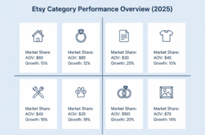 Infographic showing Etsy market performance by category with market share, order value, and growth rate indicators for 2025