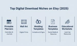 Infographic illustrating top Etsy digital download niches in 2025 including planners, templates, wall art, and worksheets