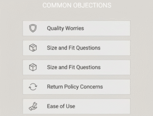 Checklist-style infographic showing common customer objections such as quality, sizing, returns, and usability with simple vector icons.