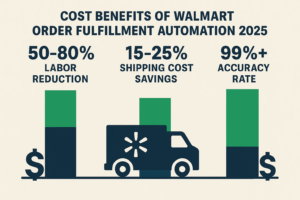 Cost benefits of Walmart order fulfillment automation 2025: 50-80% labor reduction, 15-25% shipping cost savings, and 99%+ accuracy rate