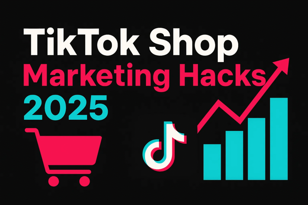 TikTok Shop Marketing Hacks 2025 title card, featuring a shopping cart, the TikTok logo, and a rising bar graph with an upward arrow.