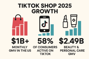 TikTok Shop 2025 growth statistics: over $1 billion monthly GMV in the US, 58% of consumers active on TikTok, and $2.49 billion in beauty & personal care GMV.