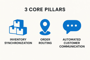 Three core pillars of Walmart order fulfillment: inventory synchronization, order routing, and automated customer communication