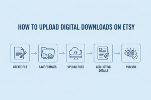 Infographic showing simple steps for uploading digital download files on Etsy