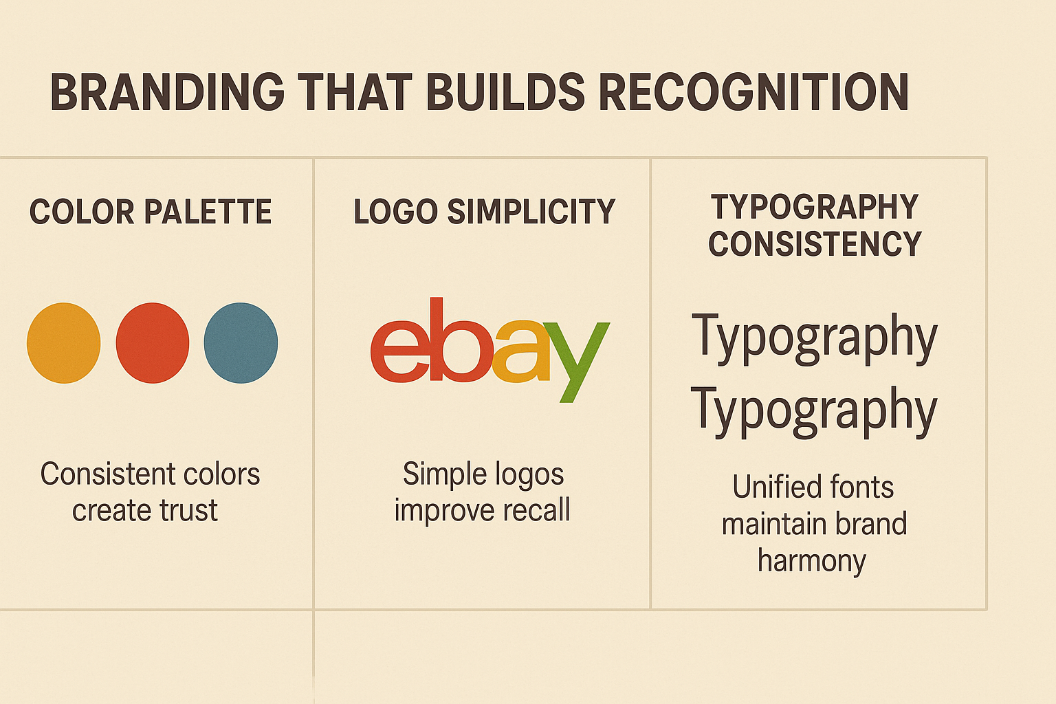 eBay branding infographic showing how color, logo, and typography consistency improve customer trust and recognition.
