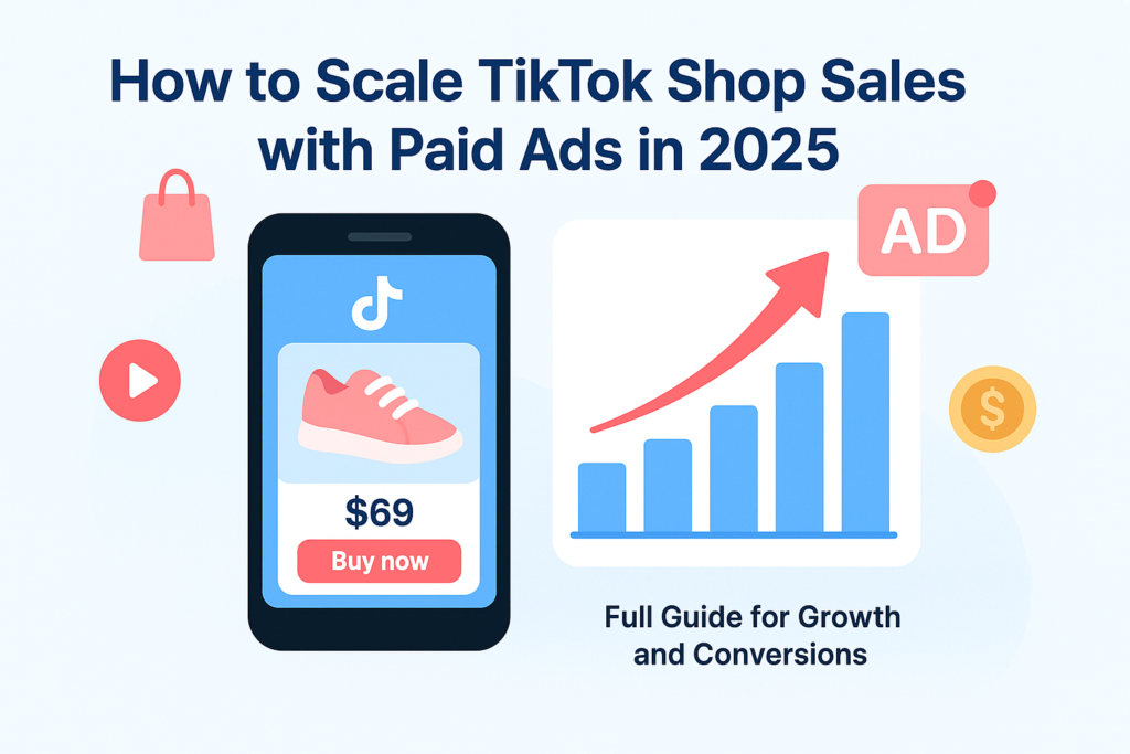 Header infographic showing TikTok Shop paid ads strategy and rising sales chart for scaling in 2025.