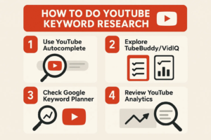 Four-step process on how to do YouTube SEO keyword research using Autocomplete, Google Keyword Planner, and Analytics.