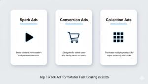 Comparison infographic showing Spark Ads, Conversion Ads, and Collection Ads as top TikTok ad formats for scaling in 2025.