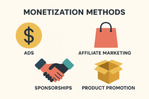 YouTube Shorts monetization methods infographic displaying icons for ad revenue, affiliate marketing, brand sponsorships, and product promotion strategies.