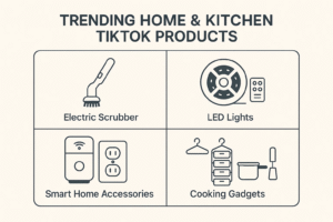 Trending Home & Kitchen TikTok products including an electric scrubber, LED lights, smart home accessories, and cooking gadgets.