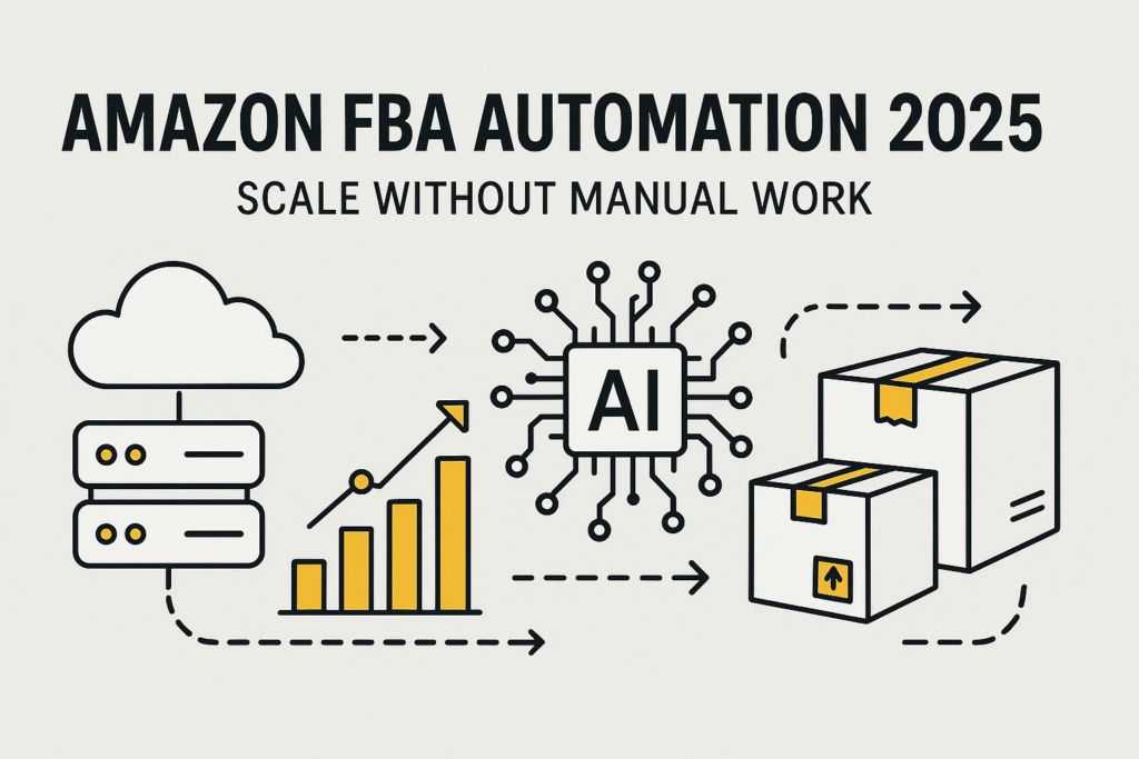 Amazon FBA Automation 2025 concept showing cloud storage, growing bar chart, AI circuit board, and packages, representing scaling without manual work.