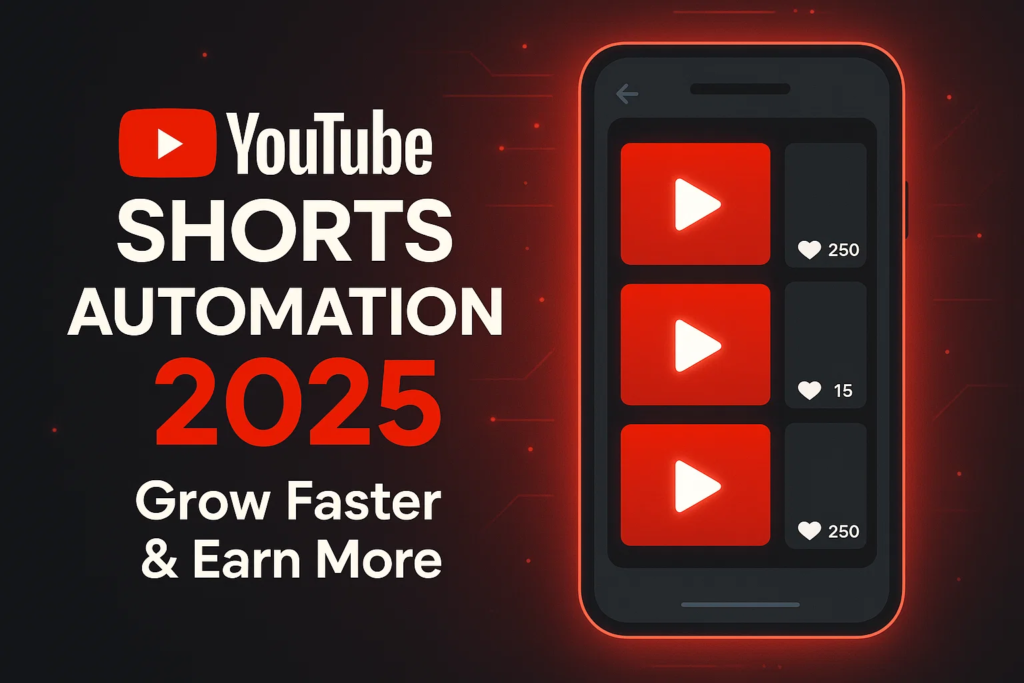 YouTube Shorts Automation 2025 title graphic featuring a smartphone interface with video metrics, highlighting strategies to grow faster and earn more revenue.