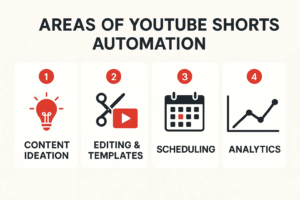 Four essential areas of the YouTube Shorts automation workflow: content ideation, video editing and templates, scheduling, and performance analytics.