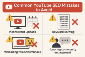 Infographic listing common YouTube SEO mistakes to avoid, such as inconsistent uploads, keyword stuffing, and misleading thumbnails.
