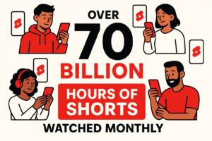 YouTube Shorts viewership statistics infographic showing diverse users watching mobile video, highlighting over 70 billion hours of Shorts watched monthly.