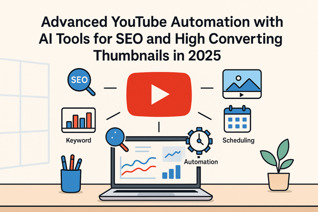 Illustration of advanced YouTube automation using AI tools for SEO, keyword research, scheduling, and high-converting thumbnails in 2025.