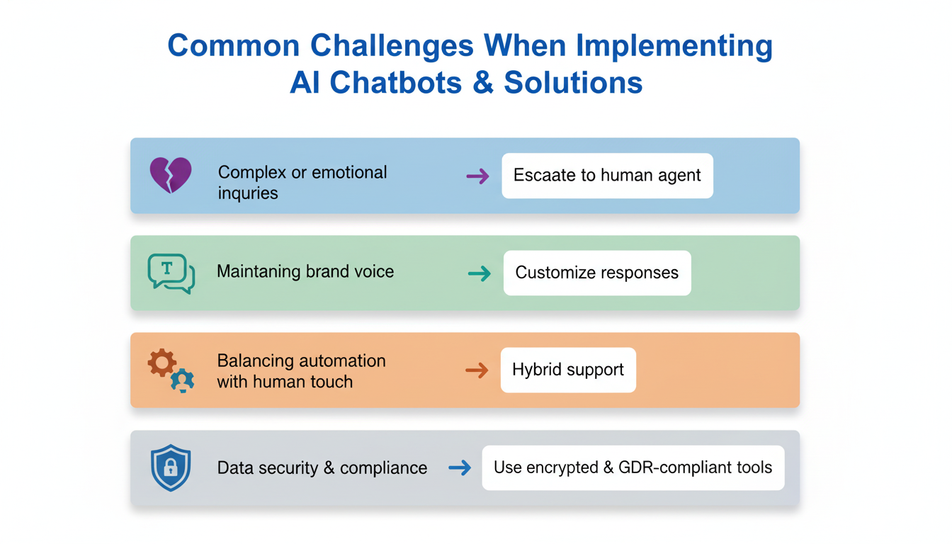 Common challenges and solutions when implementing an AI-powered chatbot, such as maintaining brand voice and balancing automation with human touch.