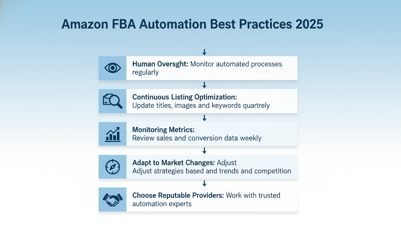 Infographic detailing Amazon FBA automation best practices for 2025: human oversight, continuous listing optimization, monitoring metrics, adapting to market changes, and choosing reputable providers.