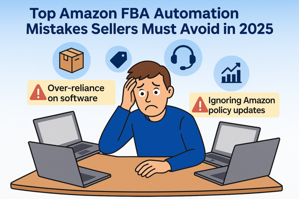 Illustration of a stressed seller surrounded by laptops, highlighting top Amazon FBA automation mistakes to avoid in 2025: over-reliance on software and ignoring Amazon policy updates.