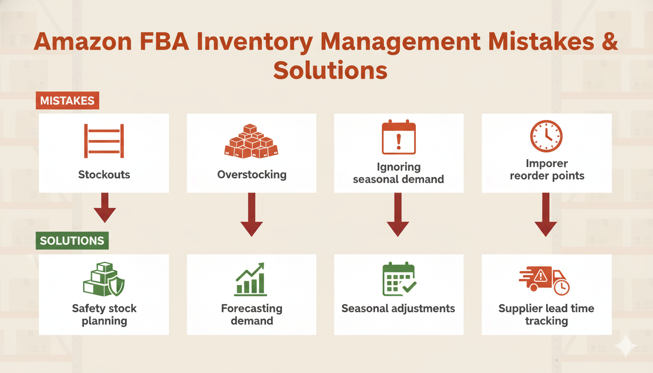 Infographic outlining Amazon FBA inventory management mistakes (stockouts, overstocking, ignoring seasonal demand, improper reorder points) and their solutions (safety stock, demand forecasting, seasonal adjustments, supplier lead time tracking).