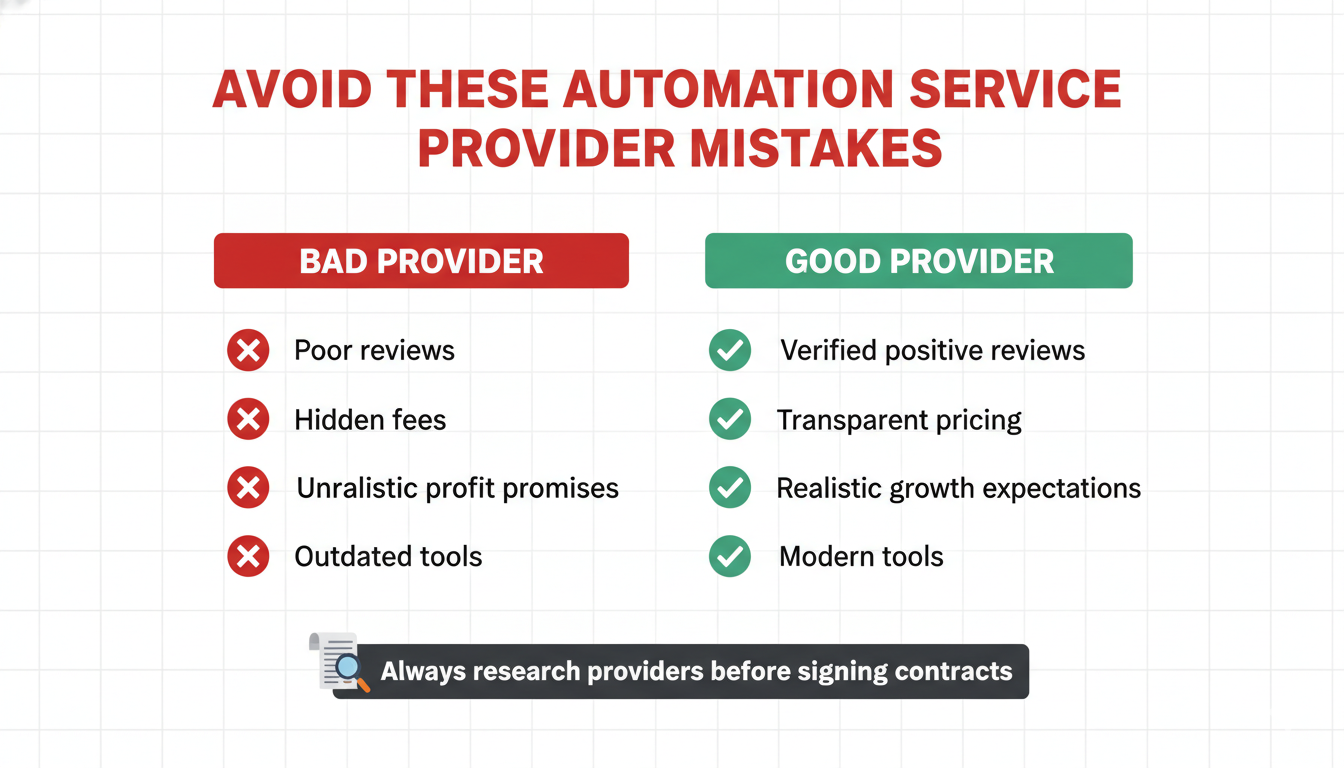 Infographic comparing bad and good automation service providers, highlighting poor reviews, hidden fees, unrealistic promises, and outdated tools versus verified reviews, transparent pricing, realistic growth, and modern tools.