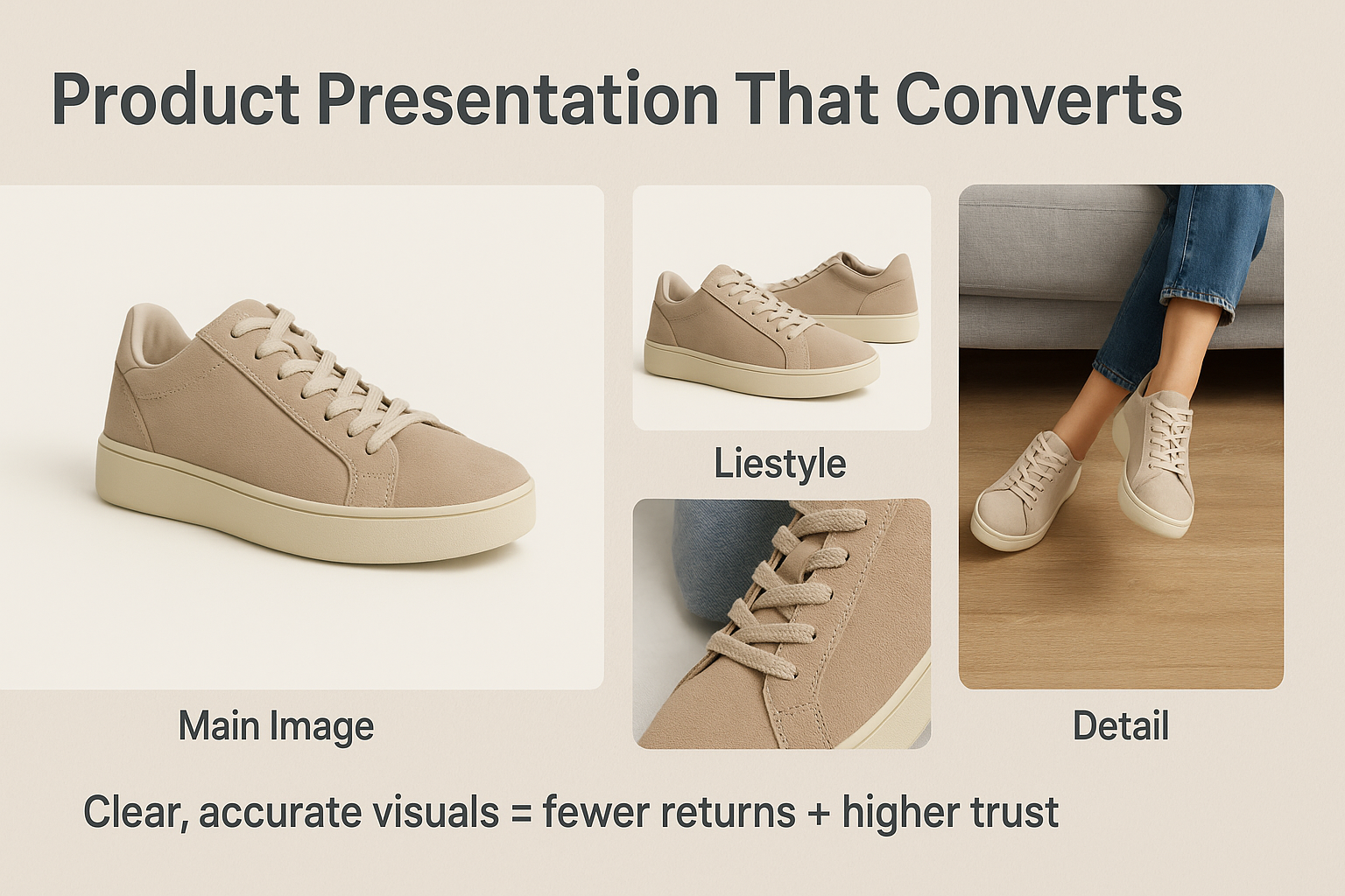 Infographic showing product presentation tips for eBay store listings with main photo, lifestyle shots, and detailed closeups to increase conversions.