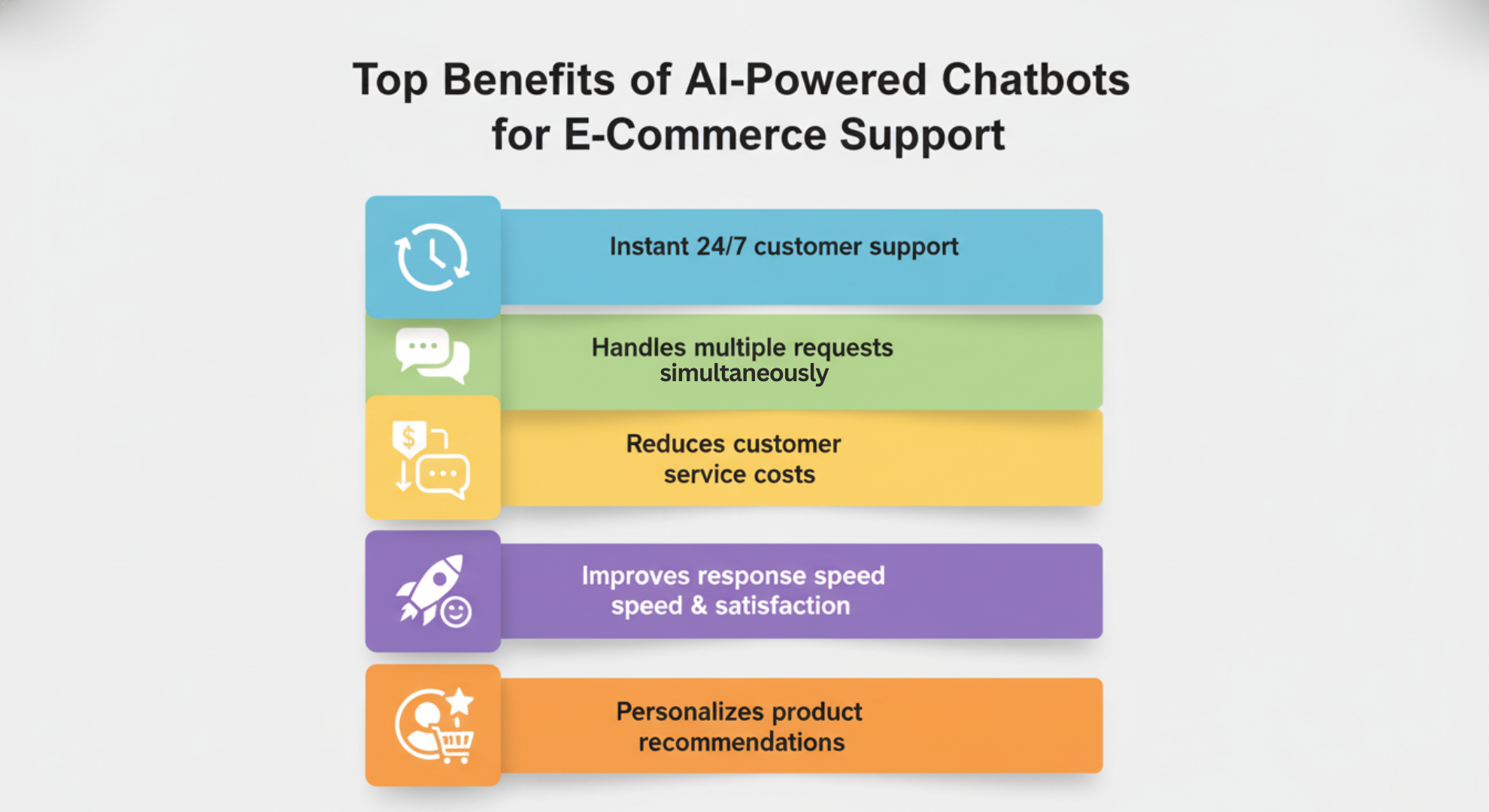 A list of benefits of using an AI-powered chatbot for e-commerce, including 24/7 support, cost reduction, and personalized product recommendations.