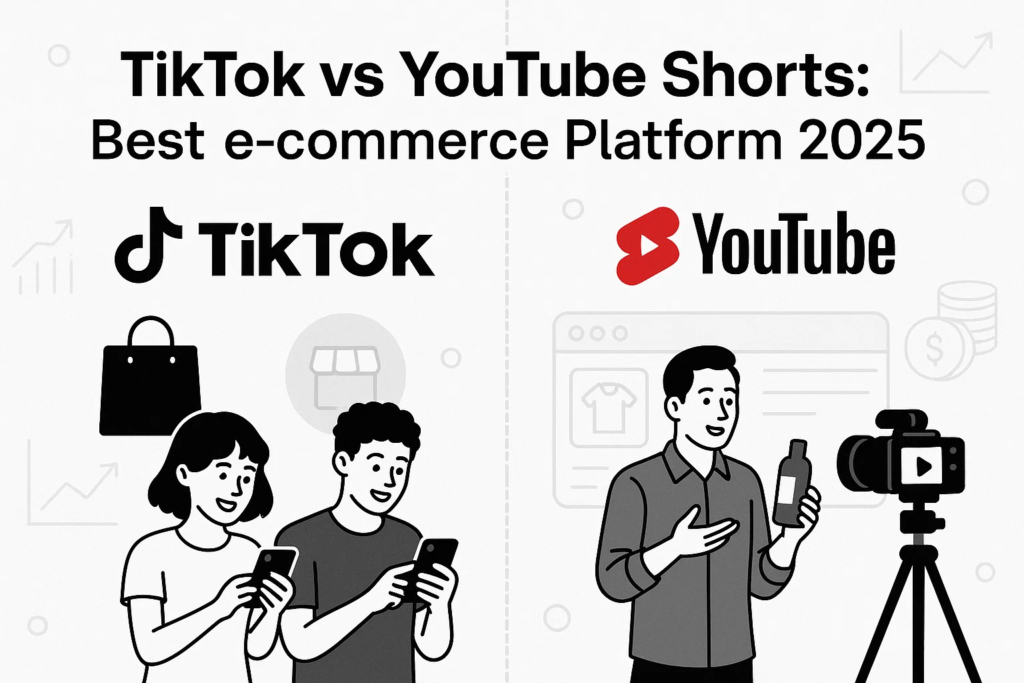 Comparison guide for the best e-commerce platform in 2025 featuring TikTok for social engagement and YouTube for product reviews and searchability.