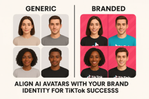 Visual comparison showing generic avatars versus branded AI avatars for TikTok marketing that wear custom logo apparel to align with brand identity.