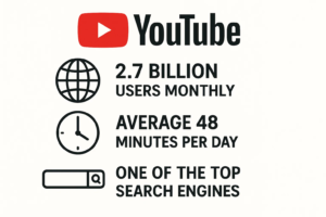 Key YouTube platform statistics showing 2.7 billion monthly users, highlighting the market potential for YouTube SEO.
