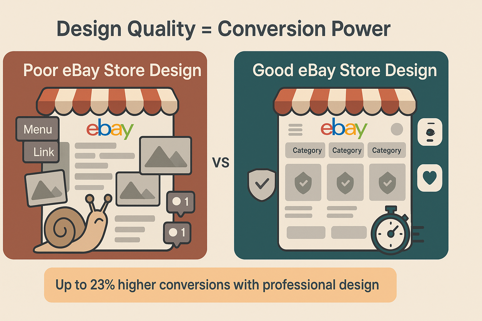eBay store design comparison infographic showing how professional layout increases conversions and builds customer trust.