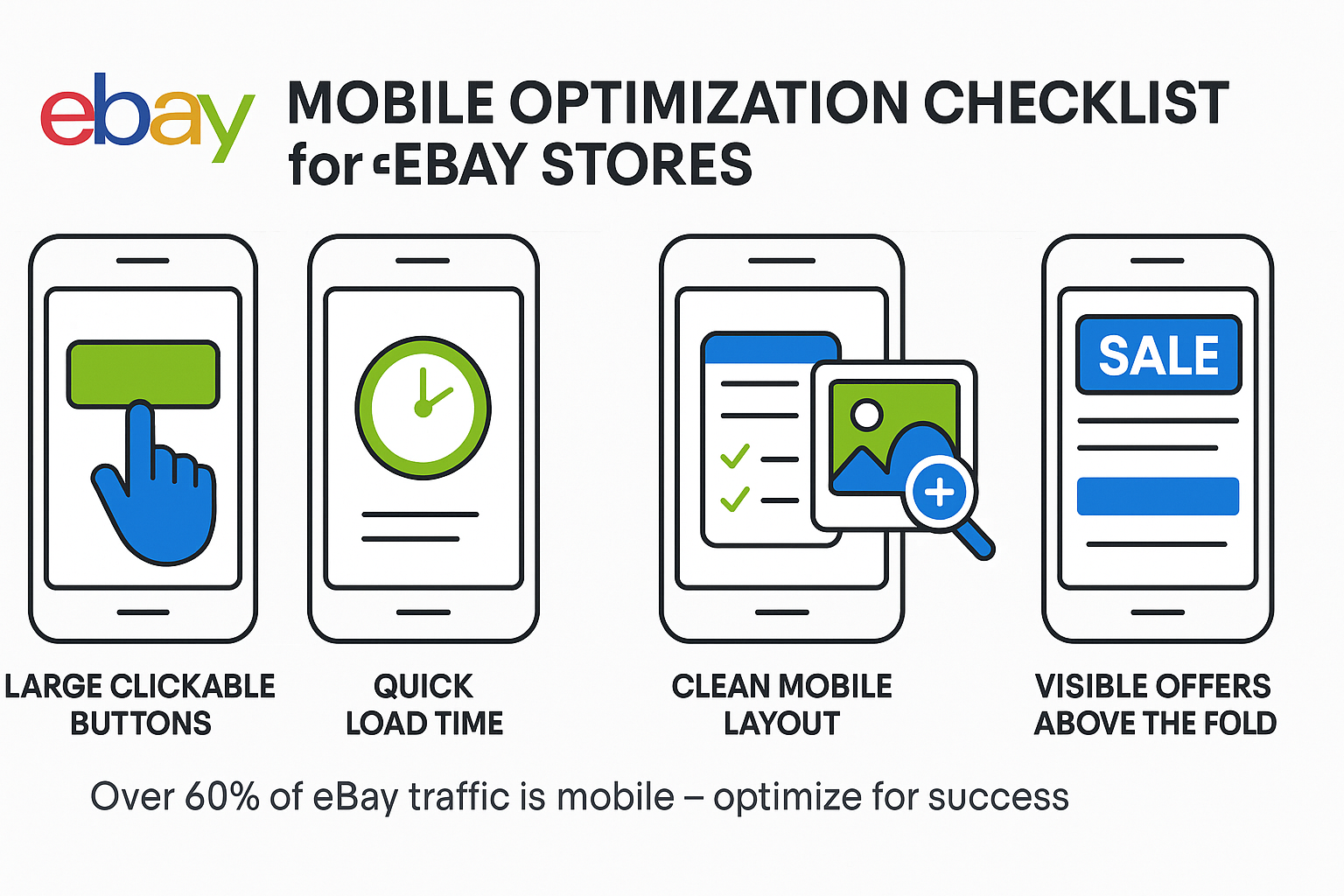 eBay mobile optimization infographic showing essential elements like fast loading, zoomable images, and mobile-friendly buttons. 
